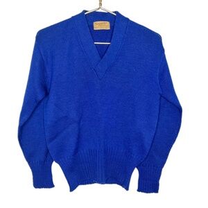 Vintage Blue Virgin Wool V Neck Sweater Georgian Sportswear